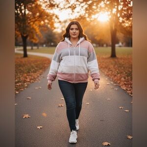 Colorblock pink, gray, white & cream soft fleece zip hoodie with pockets size XL